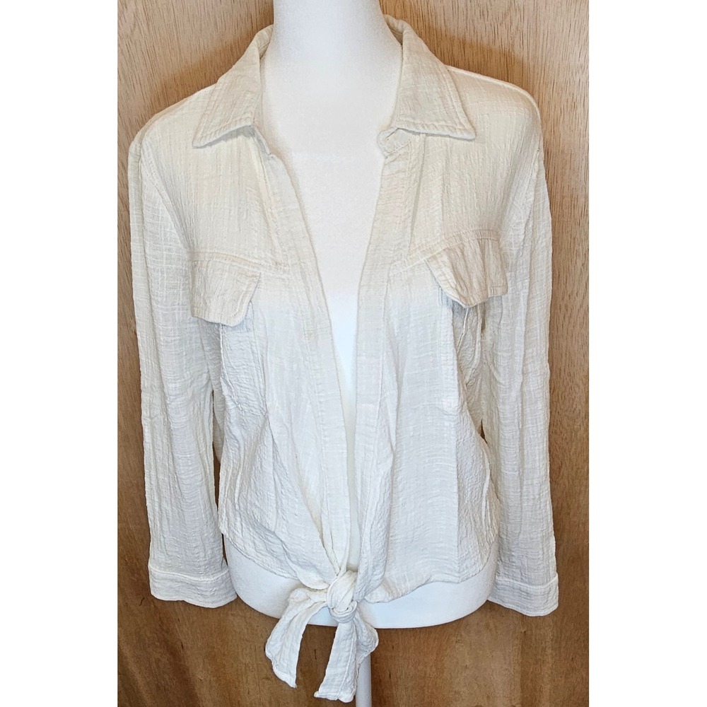 By Together Off White Linen Tie Front Long‎ Sleeve 100% Cotton Size Small